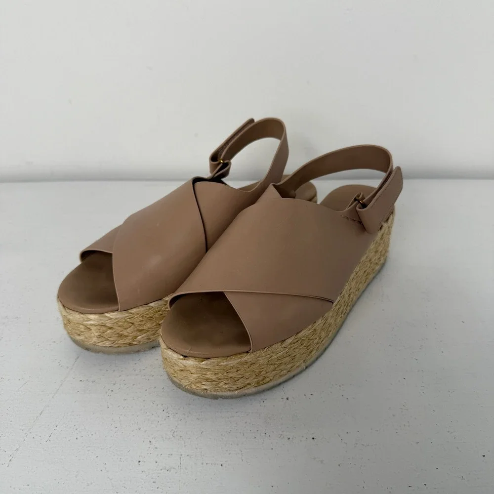 Vince Glyn Nude Leather Espadrille Platform Slingback Sandals Womens Tan